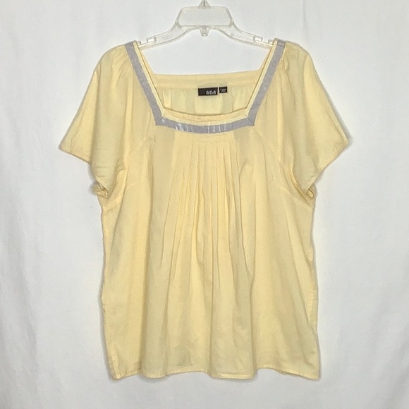 a.n.a Tops - a.n.a. Butter Yellow Pleated Cotton Blouse With Square Neck Ribbon Detail XL